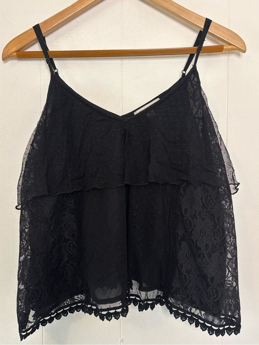 Small Black Lace Overlay Tank Top Tiered Ruffle Boho Feminine Floral Whimsigoth